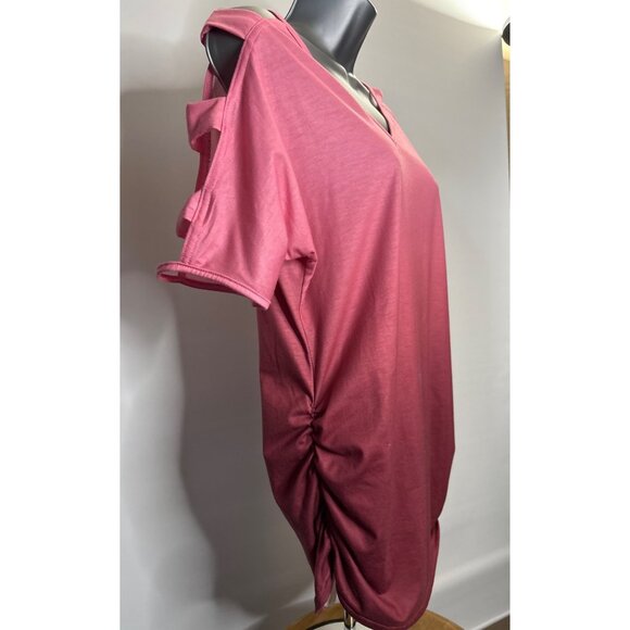 Womens V Neck Short Sleeve Cold Shoulder Cutouts Shirt Light Rose Burgundy, Wine - Picture 4 of 16